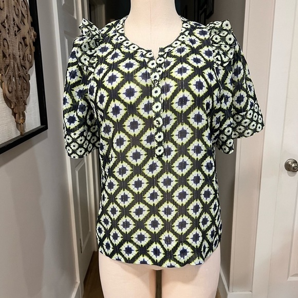 MARIE OLIVER silk blend button down short sleeve blouse with metallic threads - Picture 3 of 12